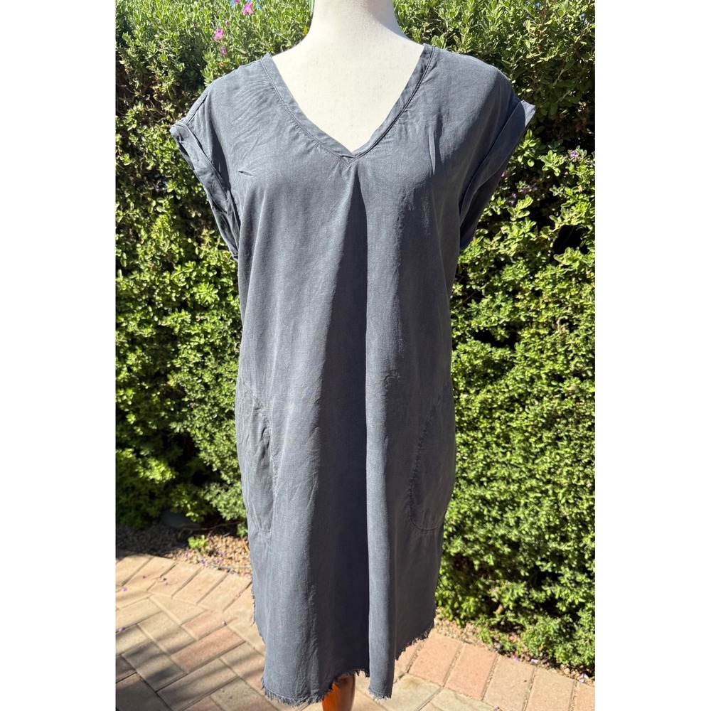 Cloth & Stone Gray Tencel V-Neck Frayed Hem Shift Dress L C6876-654-303